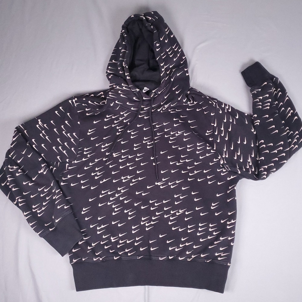 Nike Hoodie Womens Large Black All Over Swoosh Print Fleece Sportswear